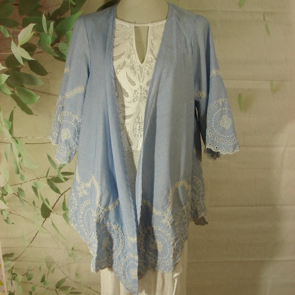 Lt Blue White Embroidered Kimono Jacket Boho Cover up Summer Lt Weight Beach S/M